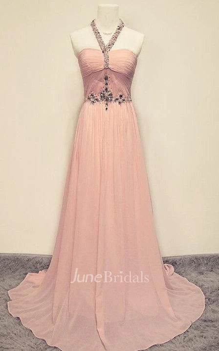 Pink Halter Evening Prom Bridesmaid Long Bridesmaid Chiffon Dress