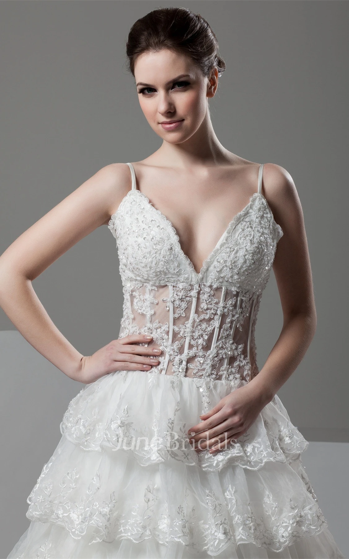 Plunged Tiered Lace A-Line Gown with Spaghetti-Straps