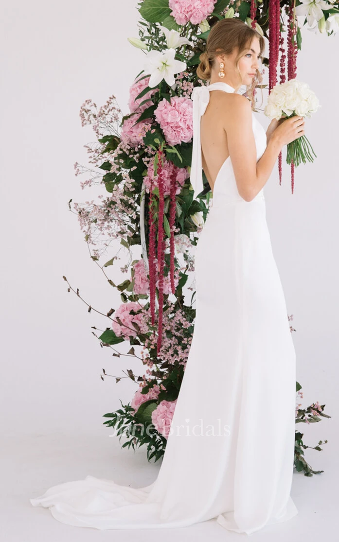 Sheath Modern Halter Sleeveless Satin Wedding Dress with Train