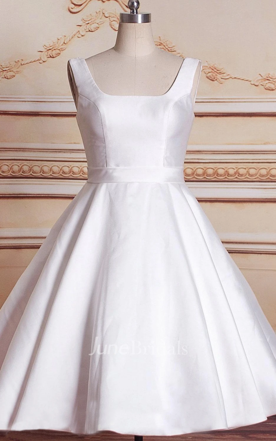 Short Tea-Length Square Lace Satin Weddig Dress