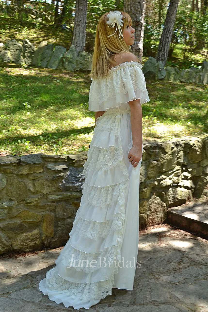 Off-The-Shoulder Short Sleeve Lace Chiffon Wedding Dress With Tiers