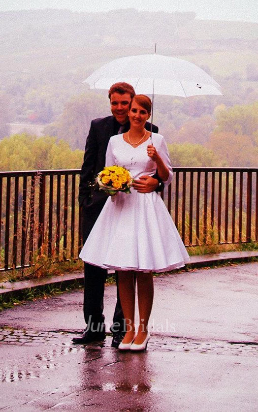 V-Neck Half-Sleeve A-Line Satin Short Wedding Dress With Sash