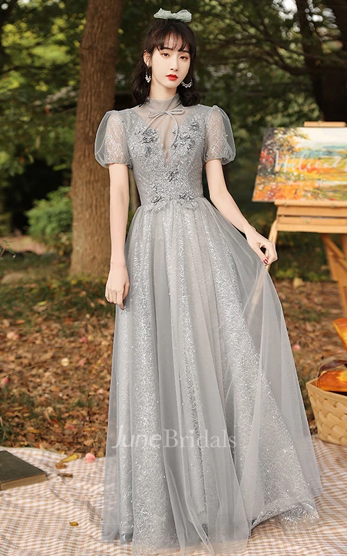 Vintage Tulle High Neck Square V-neck A Line Evening Formal Dress With Appliques and Ruffles