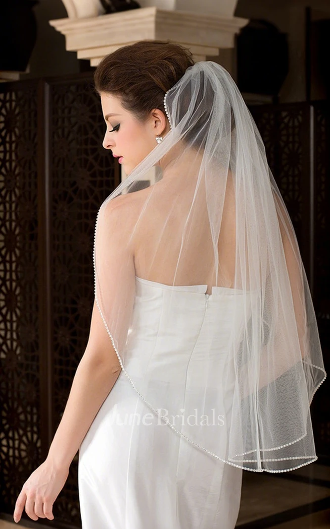 Simple Elegant Waterfall One-Tier Fingertip Length Tulle Beading Wedding Veil with Comb