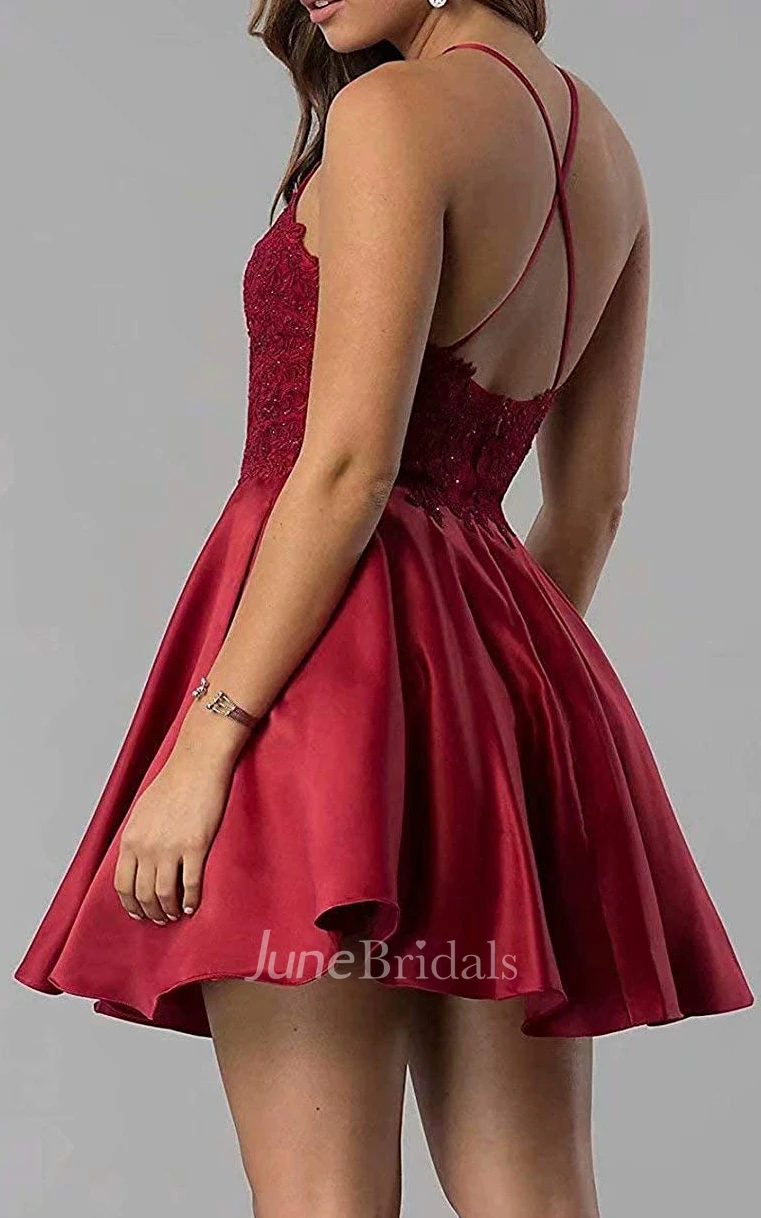 Adorable A Line Satin Lace Jewel Sleeveless Homecoming Dress with Pleats