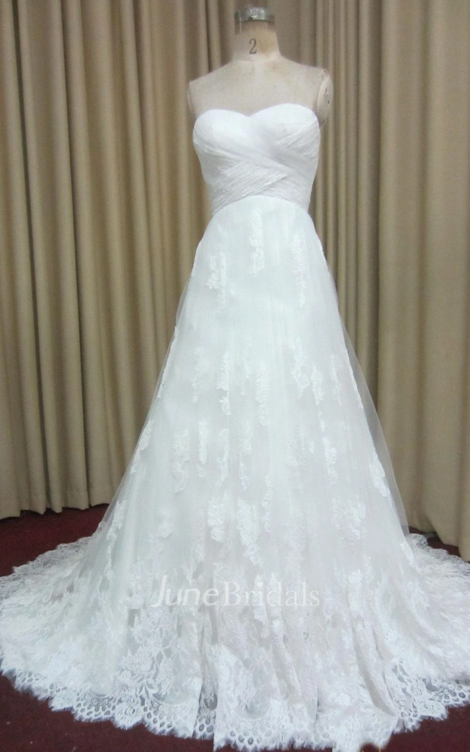 Long A-Line Criss-Cross Wedding Dress With Lace Trim and Ruching