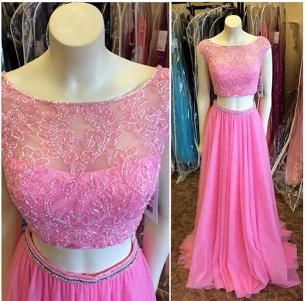 Newest Pink Two Piece Prom Dress Lace Beadings Cap Sleeve