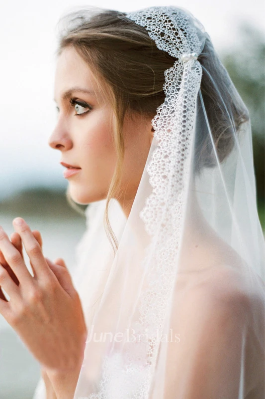 Vintage Style Long Tulle Wedding Veil with Lace Edge