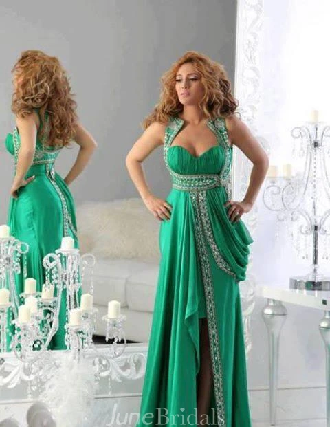 Newest Mint Green A-line Arabic Evening Dress Appliques Front Split