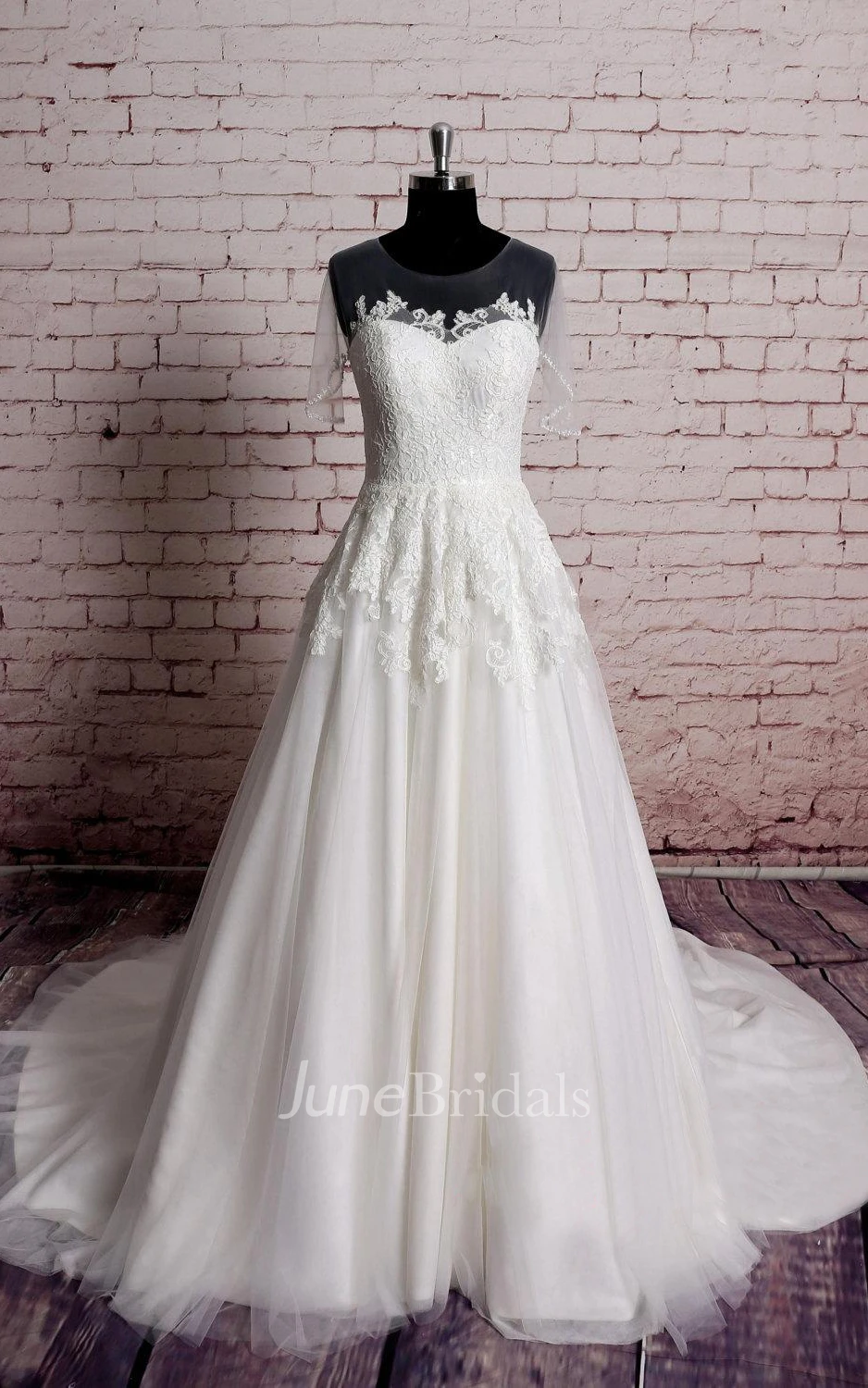 Jewel Illusion Neck Long A-Line Tulle Dress With Lace Appliques