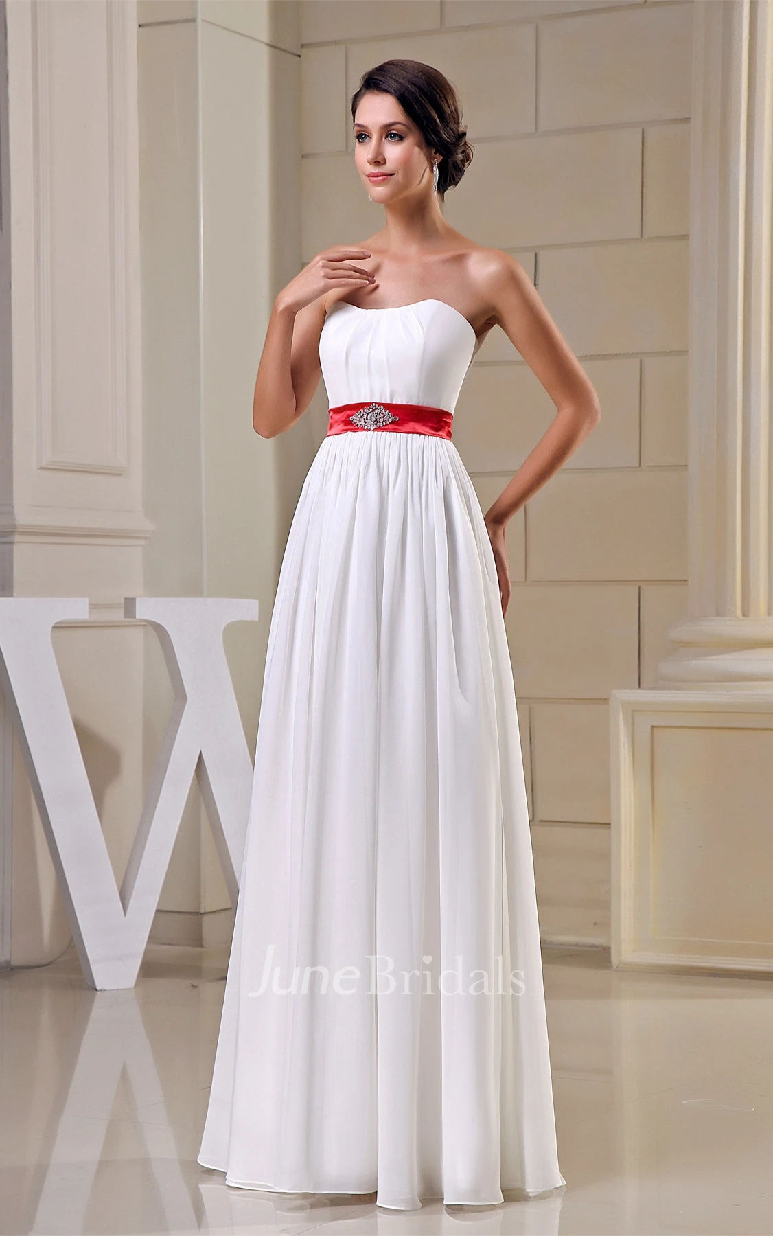 Strapless Pleated Floor-Length Dress with Broach