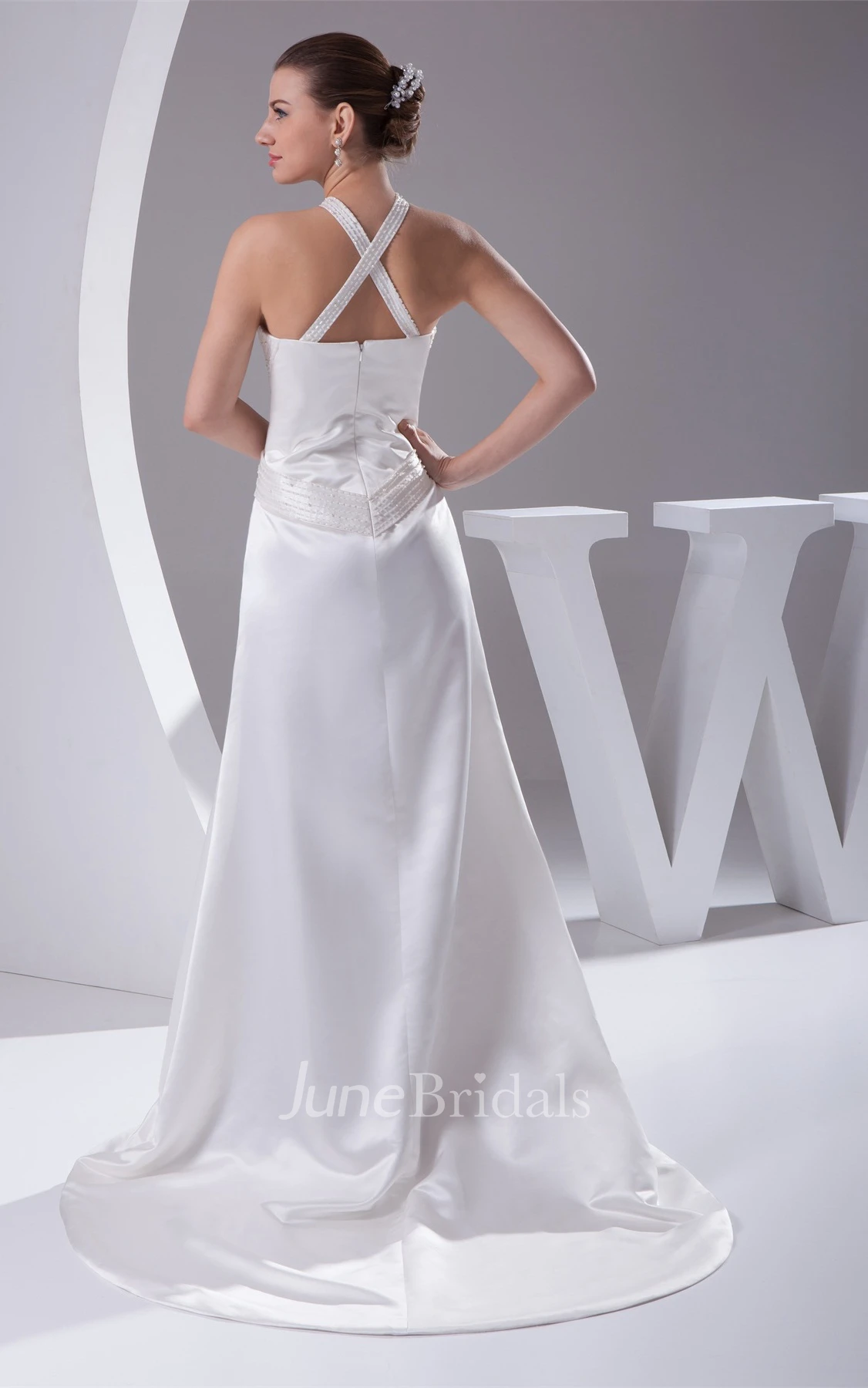 Sleeveless Satin A-Line Beaded Dress with Halter and Keyhole