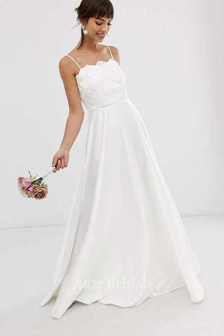 Simple Satin Sheath Spaghetti Floor Length Wedding Dress