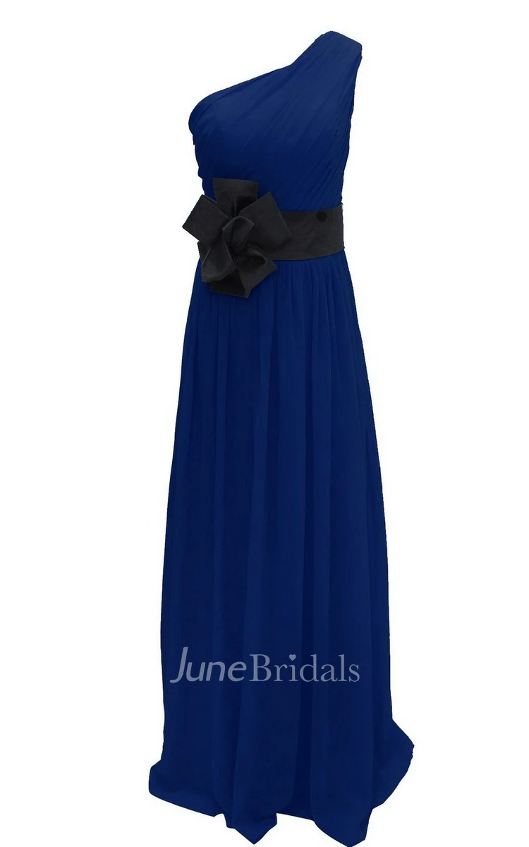 One-shoulder Pleated Chiffon A-line Gown With Floral Band