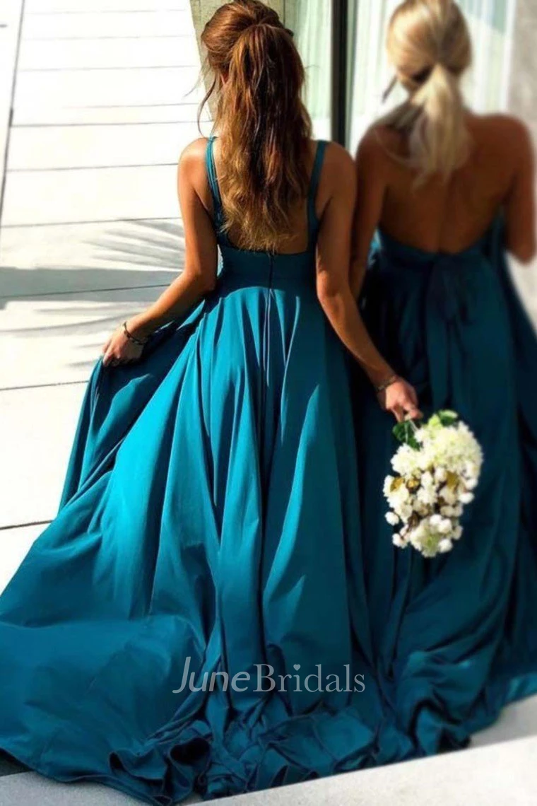 Front Split Plunging V-neck Sleeveless Empire Bridesmaid Dress With Pleats