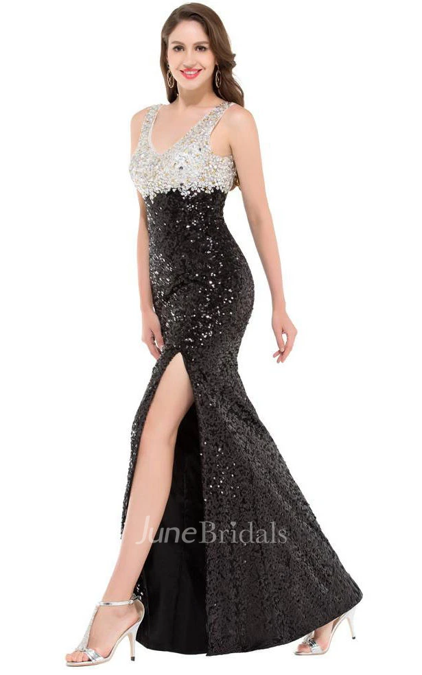 Sleeveless Scoop Neck Long Sequins Dress