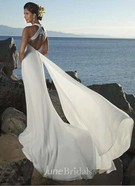 Sheath Column Empire V-neck Chiffon Beach Wedding Dress