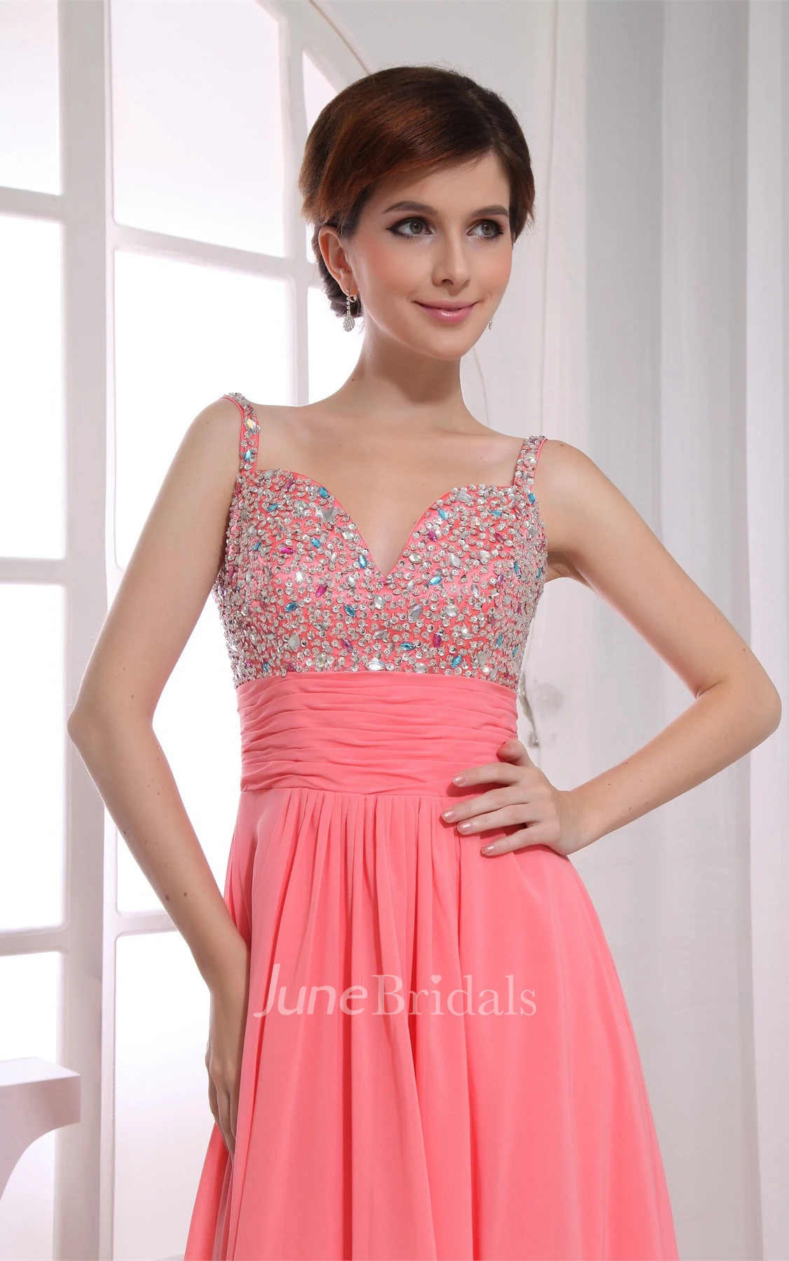 Spaghetti-Strap Chiffon Maxi Dress with Pleats and Rhinestone