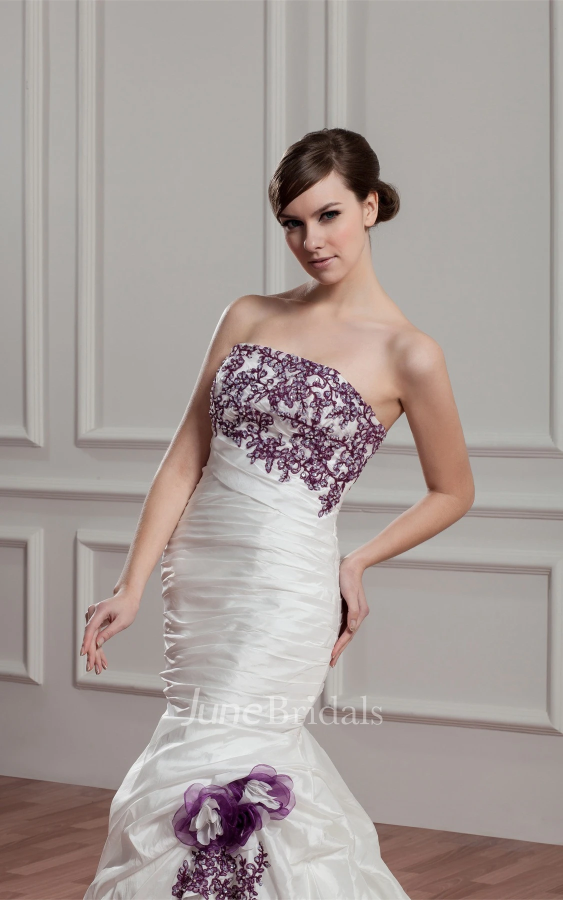 Strapless Mermaid Pick-Up Gown with Appliques and Ruching