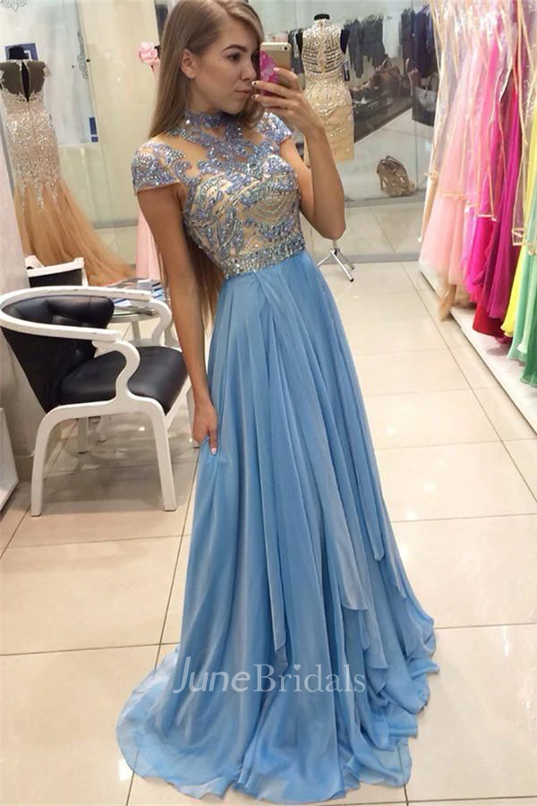 Delicate Beadings Chiffon A-line Prom Dress Cap Sleeve Sweep Train