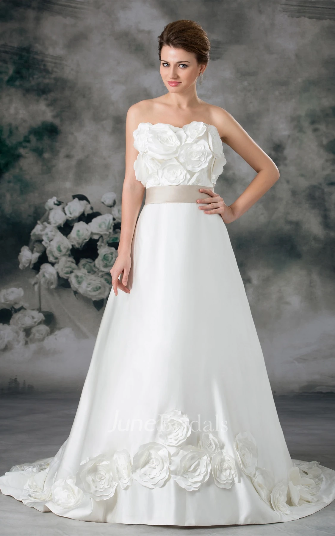 strapless a-line satin dress with floral embellishment
