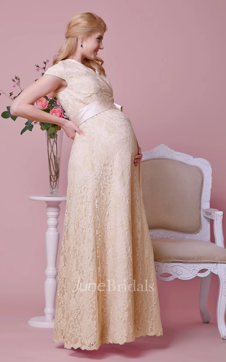 Cap-sleeved Sheath Lace Maternity Wedding Dress With Criss-crossed V Neck