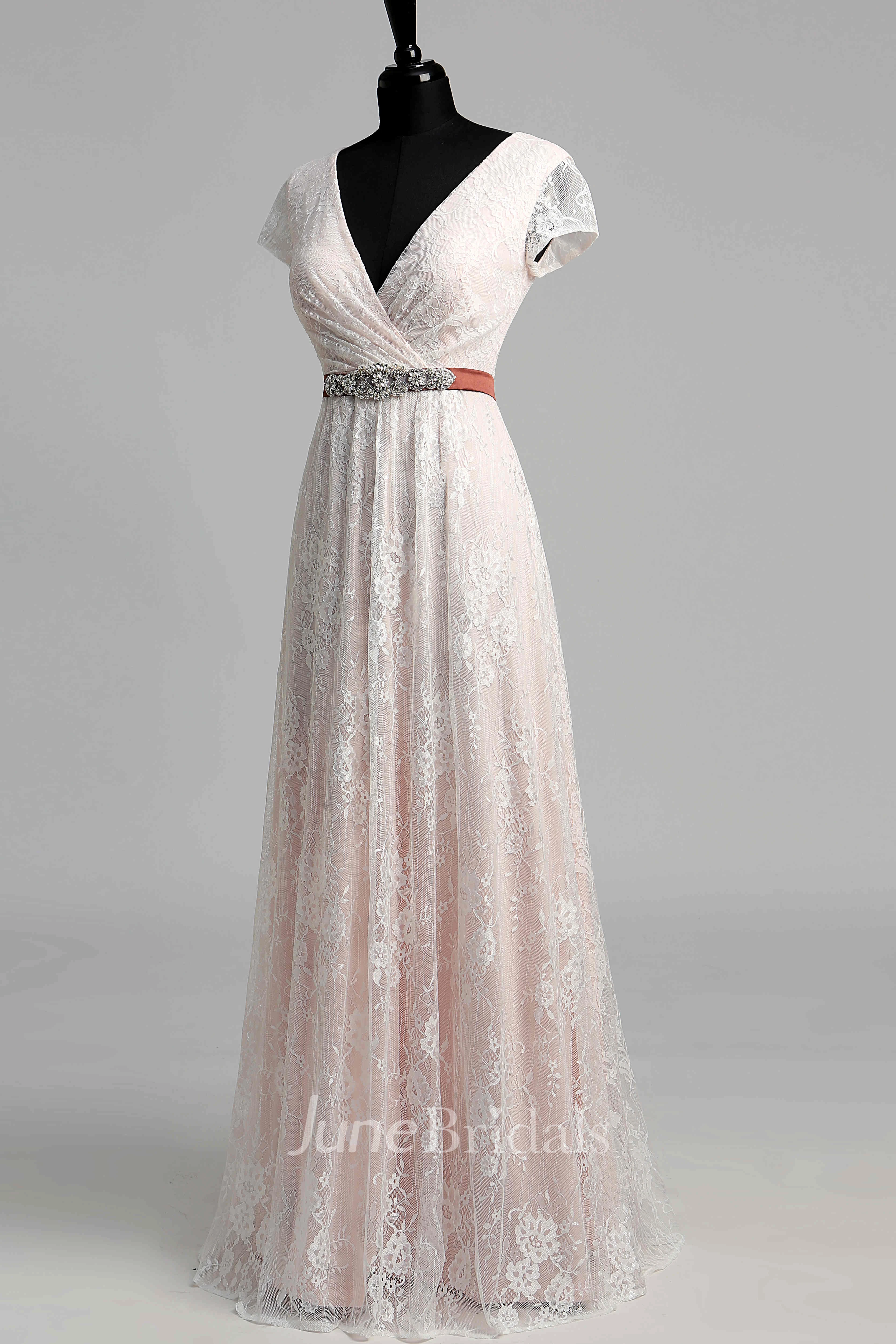 Short Sleeve V-neck Pleated Long Lace Warm Wedding Dress