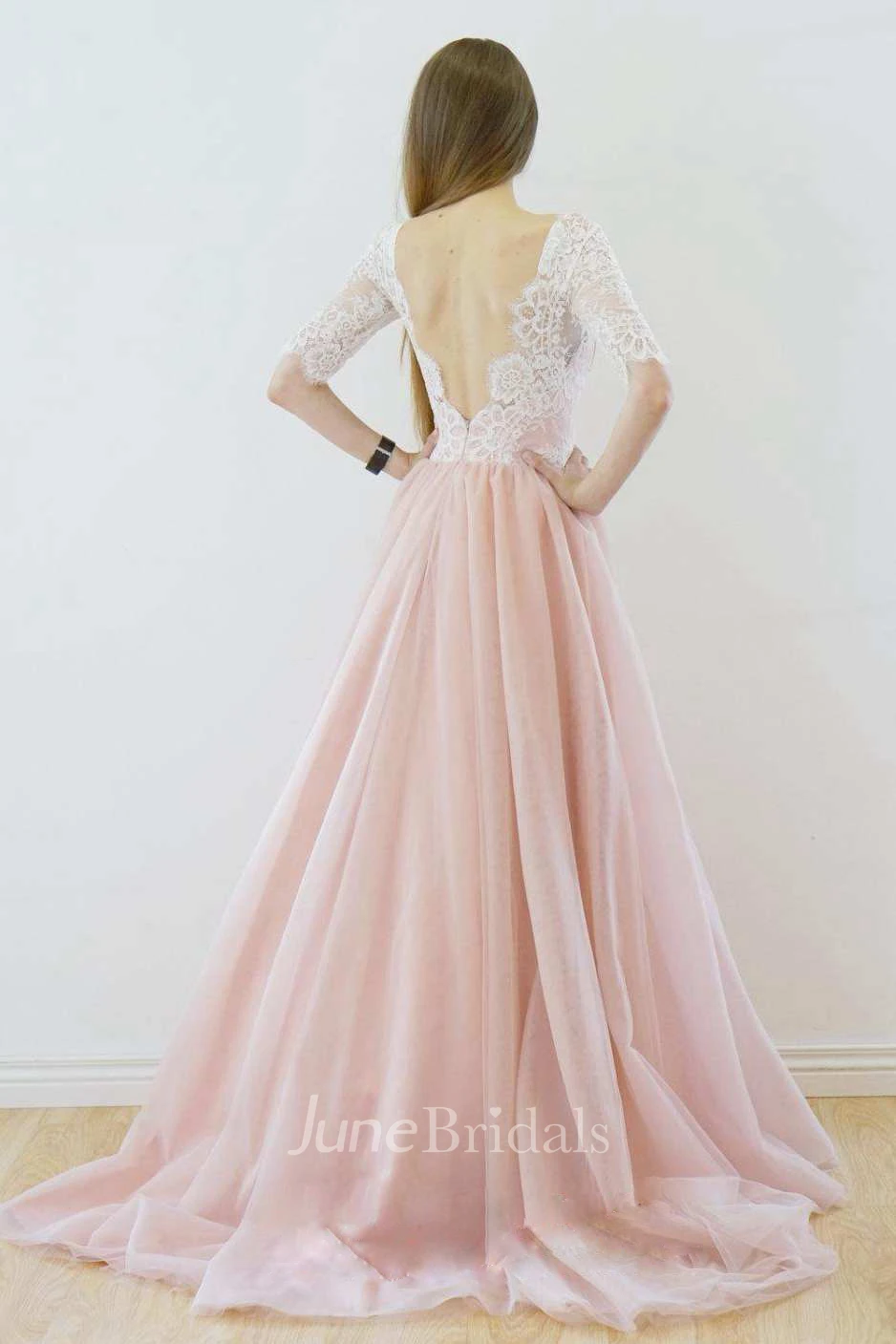 Plunged Lace Half Sleeve A-Line Tulle Wedding Dress With Sweep Train