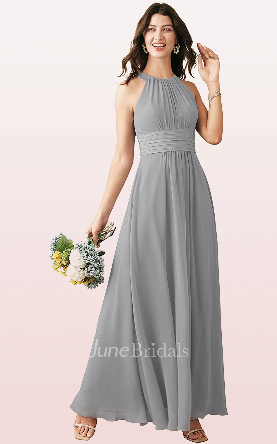 Ethereal A Line Halter Chiffon Sleeveless Bridesmaid Dress