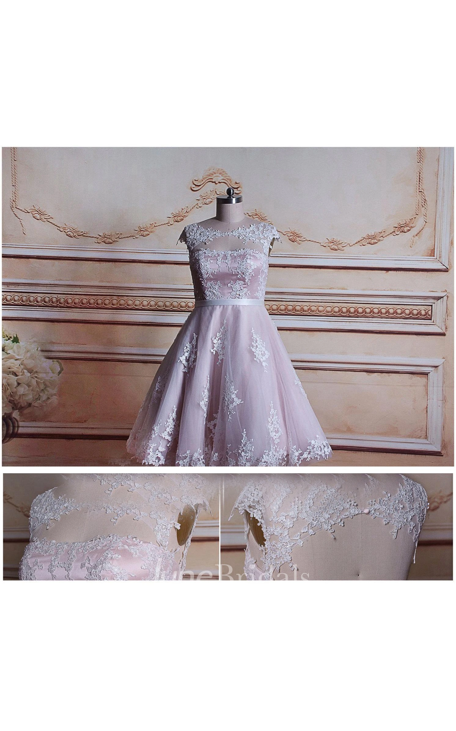 A-Line Tea-Length Cap Sleeve Tulle Lace Satin Dress With Keyhole Back