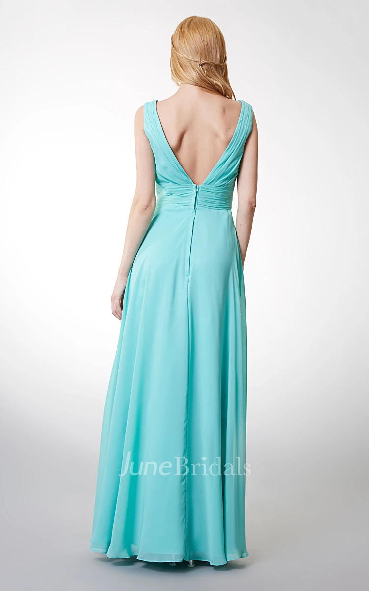 Draped Front Low-v Back Chiffon Gown With Ruched Waist