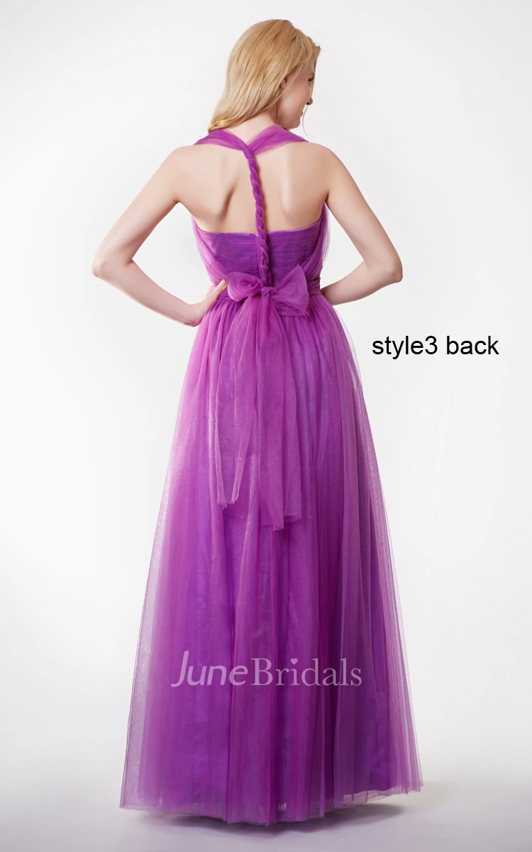 Sleeveless Pleated A-line Tulle Gown With Convertible Straps