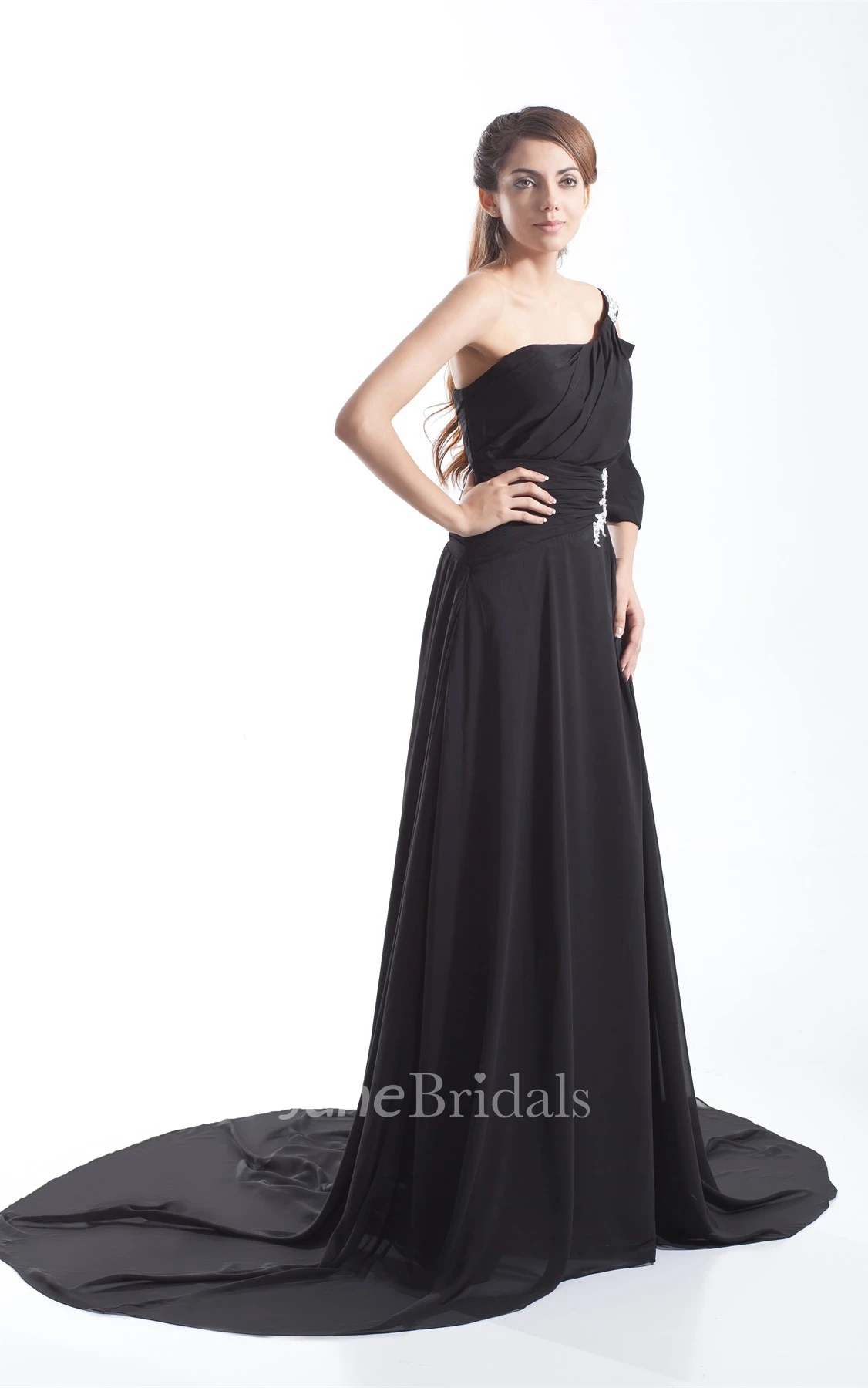 chiffon floor-length pleated dress with one-sleeve design and appliques