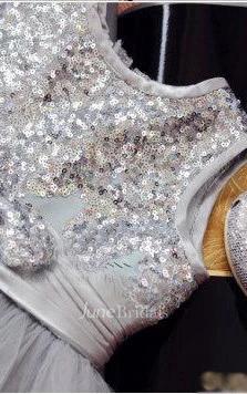 Beaded Bodice Jewel Neckline Ruched Tulle Dress With Sequins