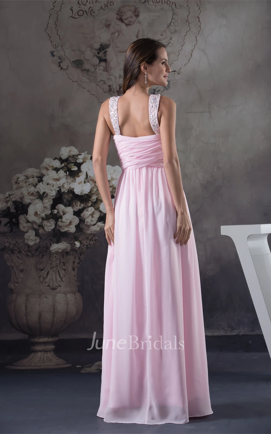 Pastel Criss-Cross Chiffon Long Dress with Pleats and Beading