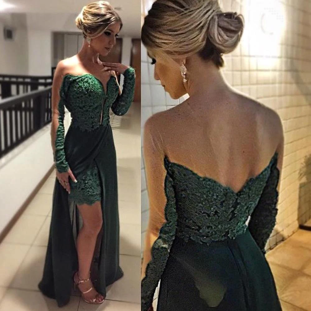 Elegant Long Sleeve Green Evening Dresses Skirt Long Lace Appliques