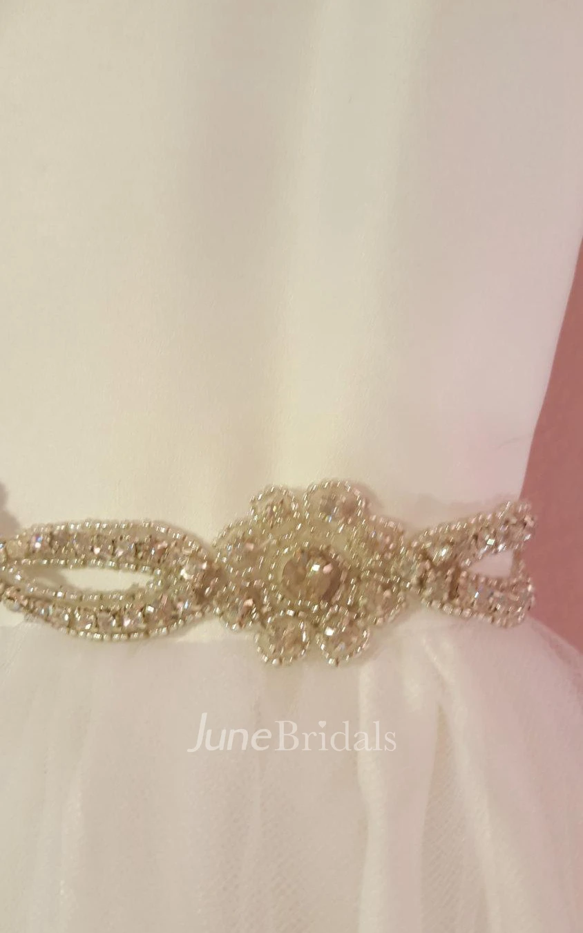 Simple Sleeveless Jewel Neck Beaded Waistline A-line Tulle Dress With Pleated and Zipper Back