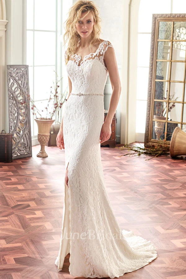 Square Long Split-Front Lace Wedding Dress With Sweep Train And Illusion