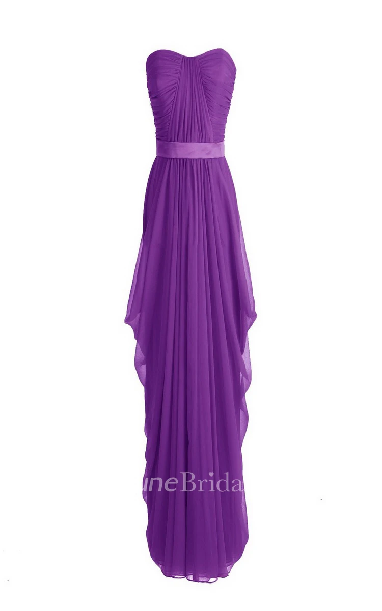 Strapless Asymmetrical Chiffon Gown With Pleats