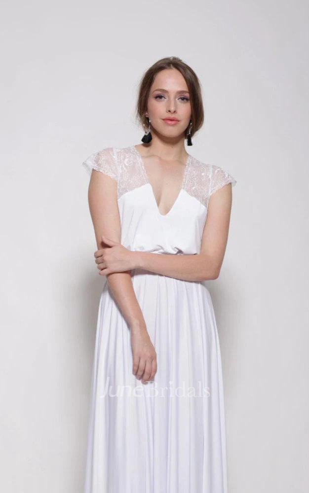 Sheath Pleated V-Neck Cap Dress With Pleats