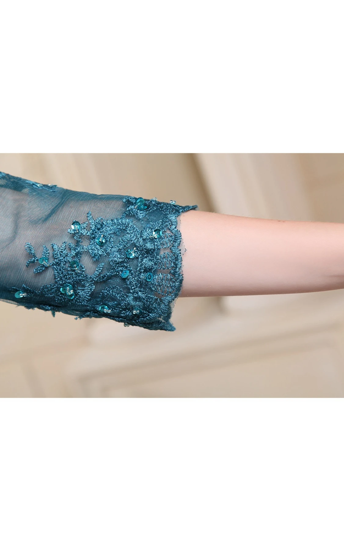 V-Neck Empire Floor-Length Dress with Appliques and Illusion Sleeve