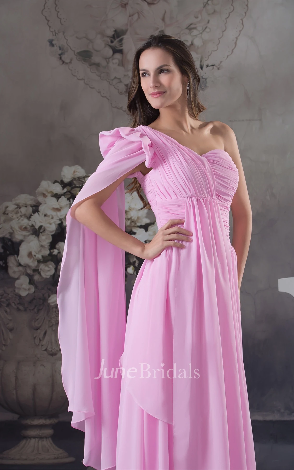 Pastel Asymmetrical Chiffon Dress with Ruching and Pleats