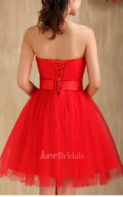 Mini A-line Strapless Pleats Bow Straps Tulle Dress