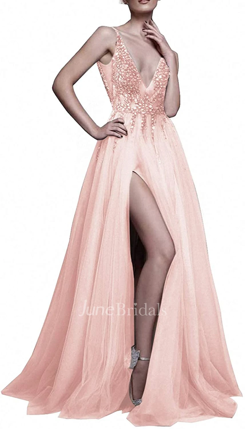 Romantic A Line V-neck Tulle Sleeveless Prom Dress