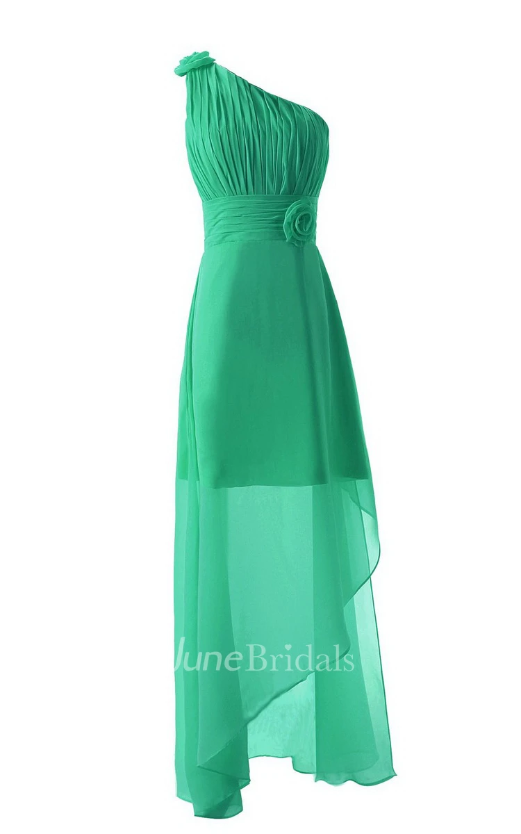 Asymmetrical One-shoulder Pleated Chiffon A-line Dress With Flowers