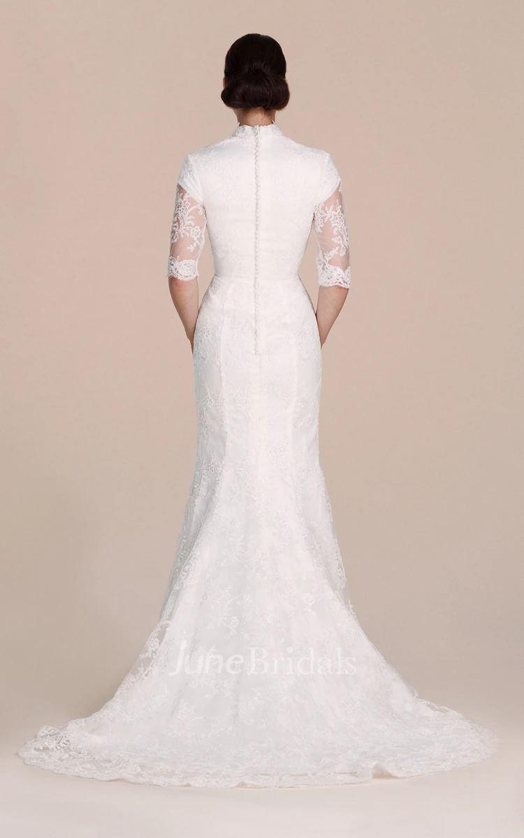 Half-sleeved Sheath Lace Dress With Illussion Detail