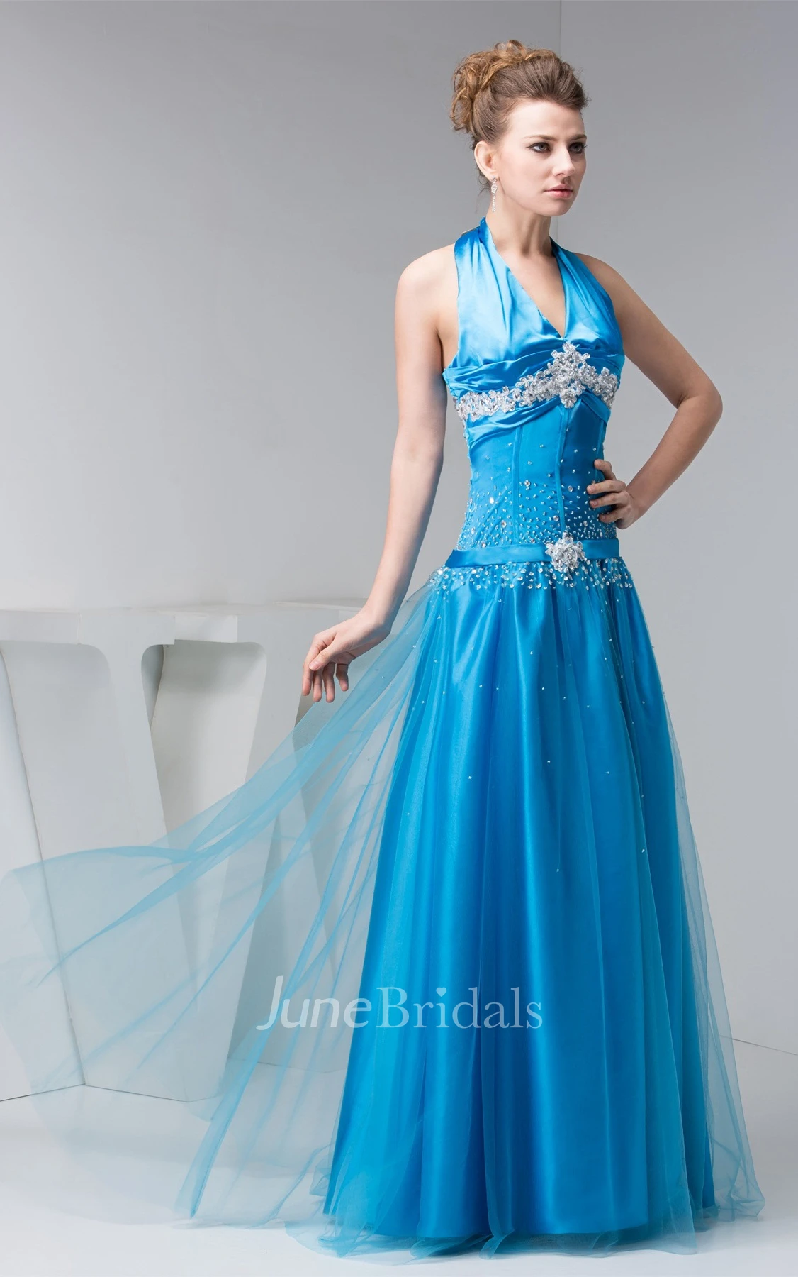 Plunged Sleeveless A-Line Dress with Beading and Broach