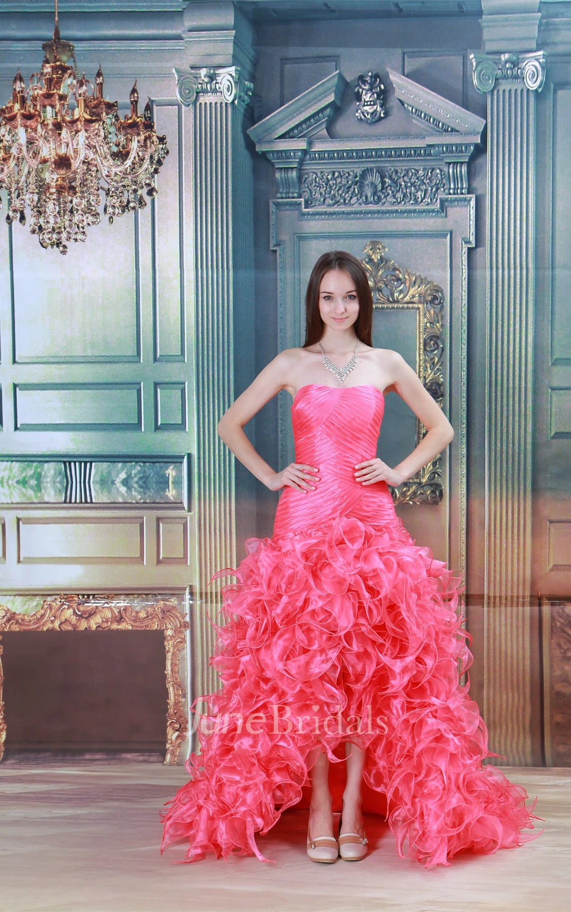 strapless front-split a-line gown with ruching and ruffles