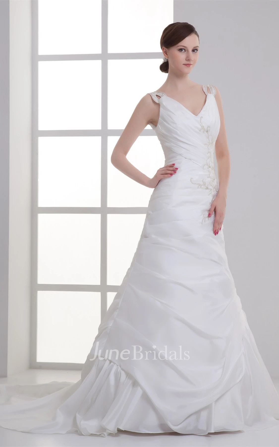 strapped a-line column gown with ruffle and strass