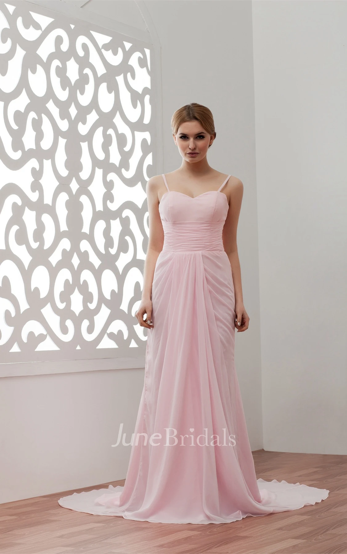 Spaghetti-Strap Chiffon Long Dress with Pleats and Sweep Train